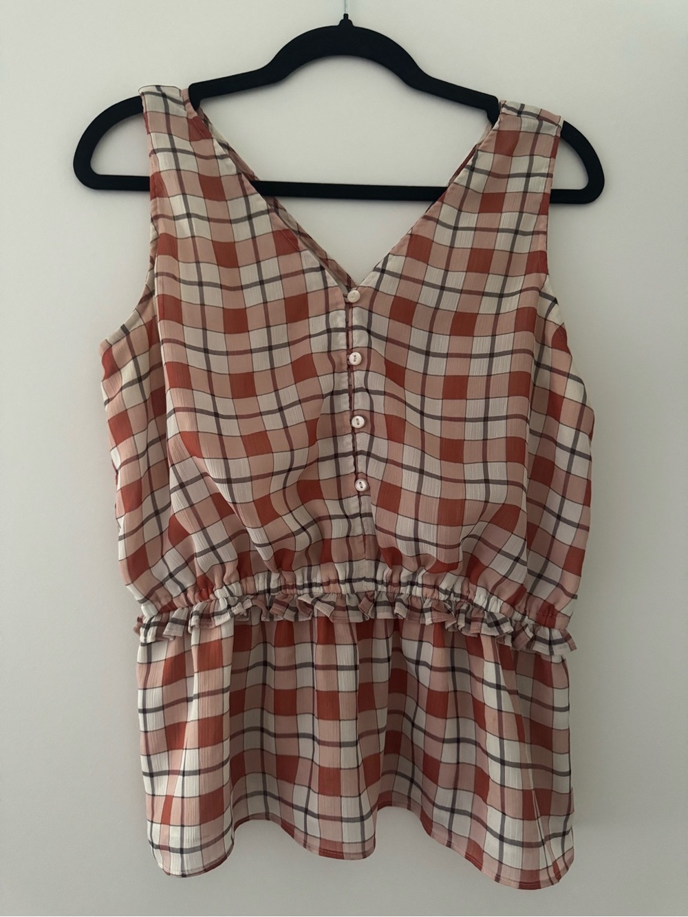 Ann Taylor Sleeveless Plaid Button-Front Peplum Top - Rust & Cream